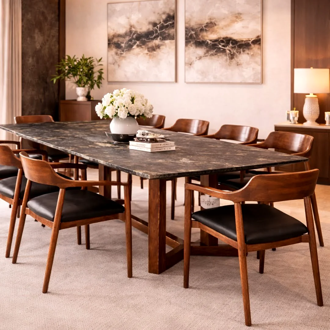 Comedor de diseño con mármol negro y sillas de madera — proyecto Novo Studio Tampico