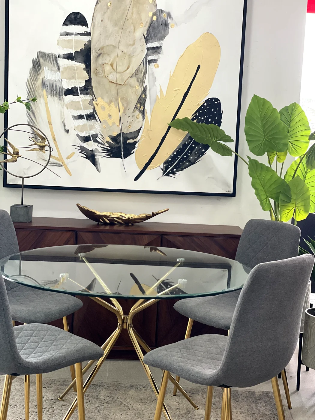 Comedor redondo vidrio base dorada