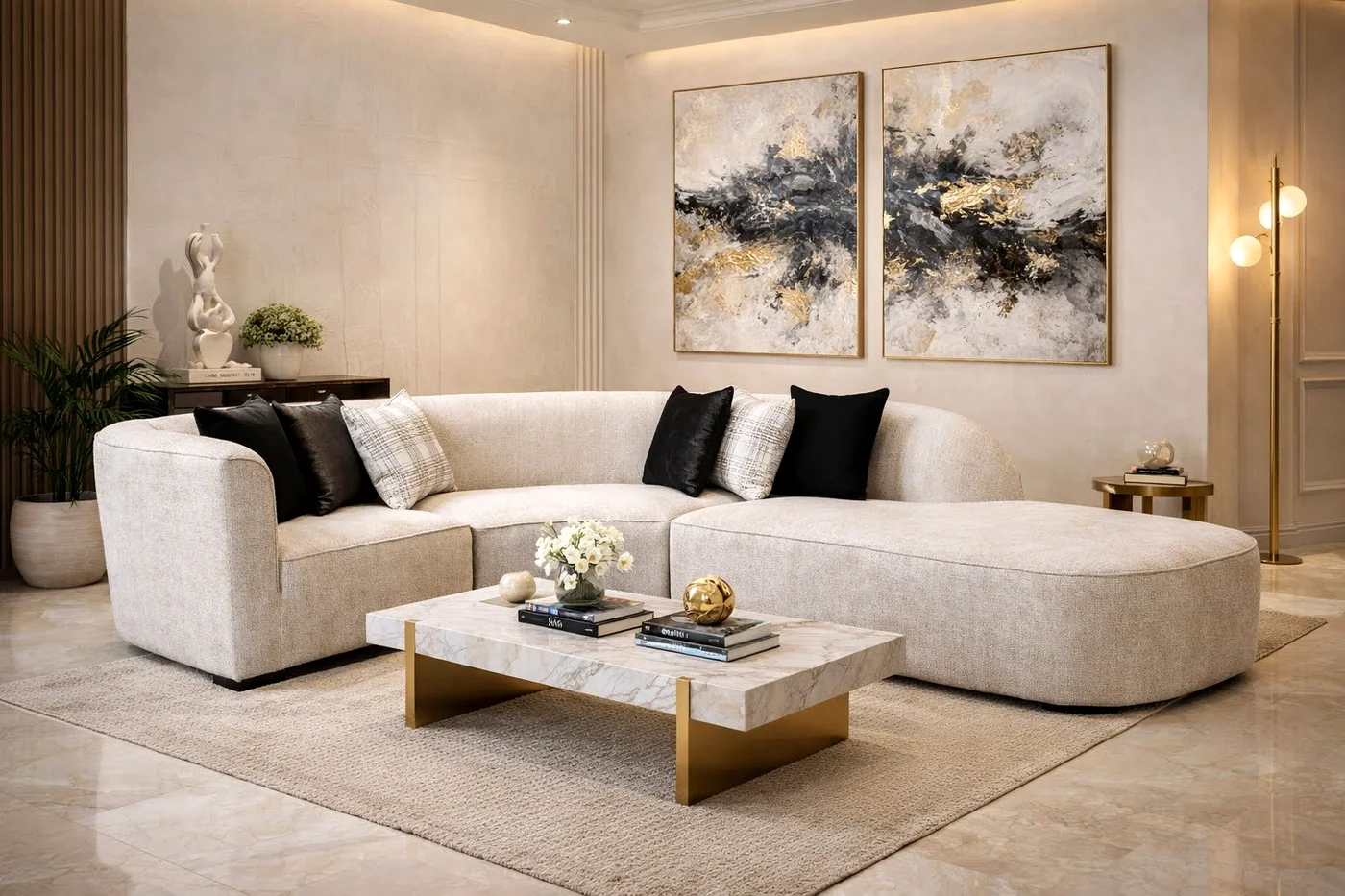 Sala penthouse con sofá boucle curvo